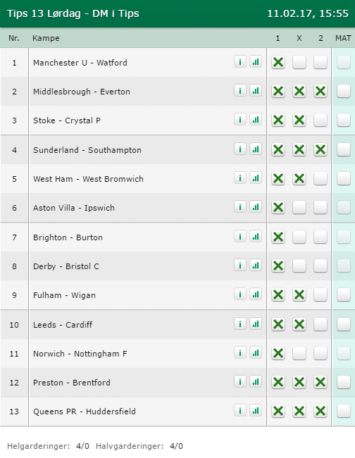 Tips 13 Lørdag 11-02-2017