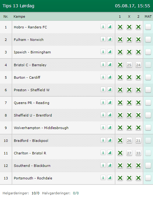 Tips 13 Lørdag - 05-08-2017