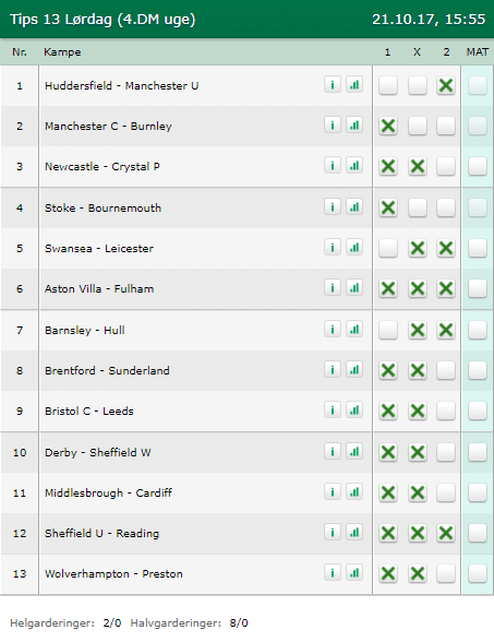 Tips 13 Lørdag den 21-10-2017